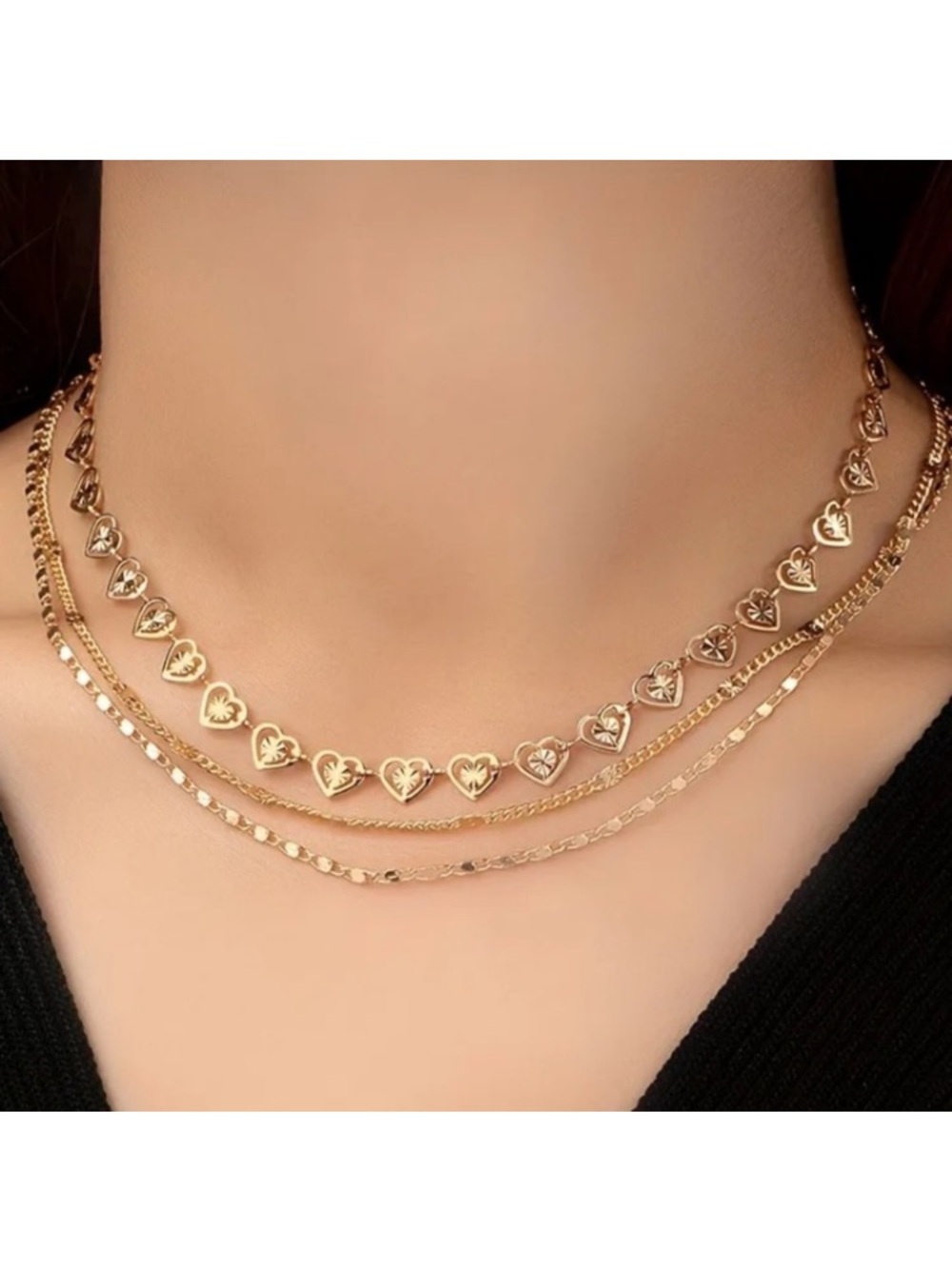 Heart Layered Three Gold Tone Necklace Set